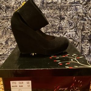 Black suede ankle strap platform shoes